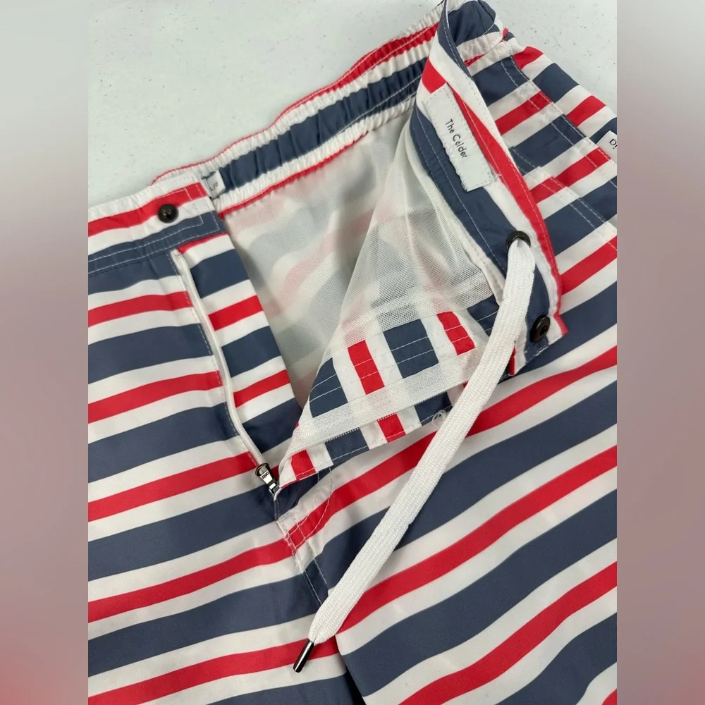 Onia Calder Stripe Swim Trunks Red White Blue Lined Drawstring Americana Lg